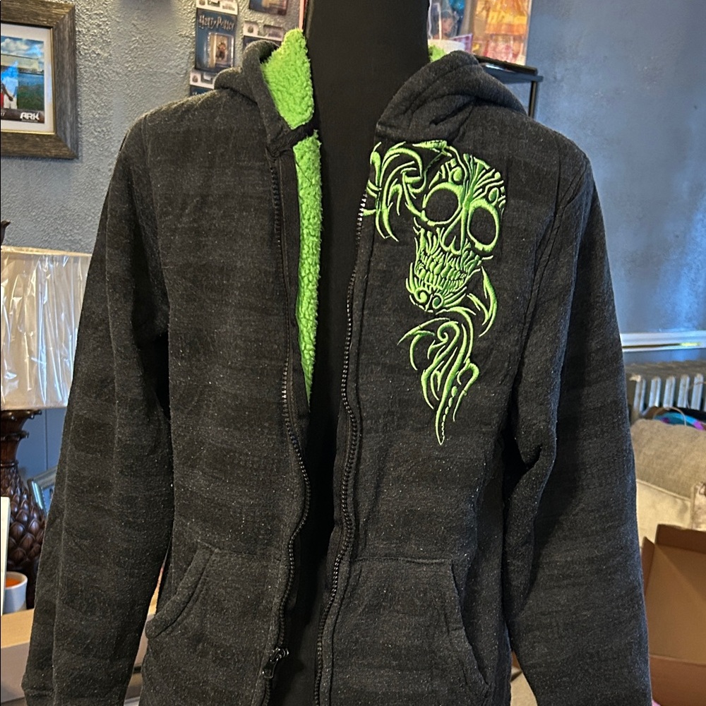 Black Hoodie Jacket with Green Skull Design